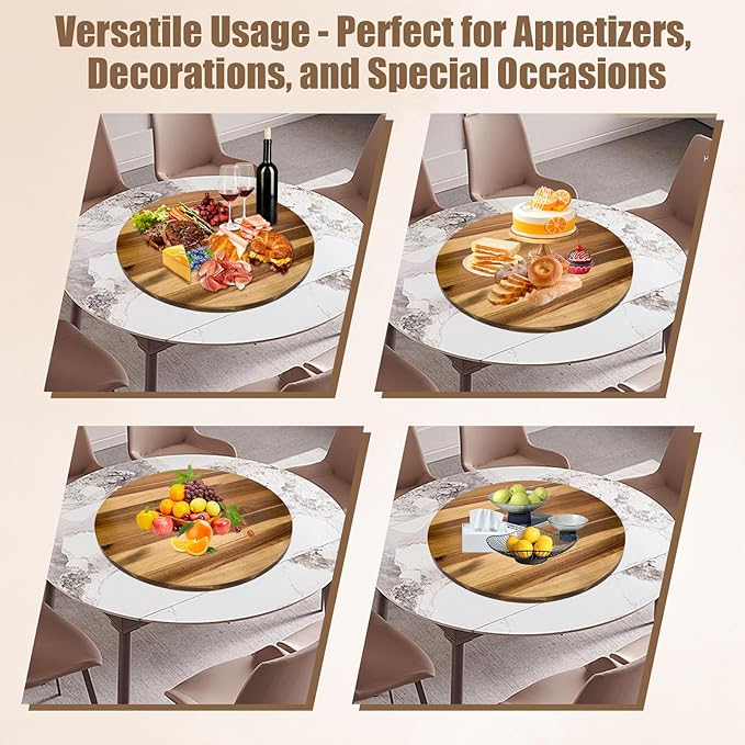 30'' Acacia Wooden Lazy Susan with 360 Rotation for Dining Table Top,Extra Large Wooden Serving Tray with Heavy Duty Rotating Wheel for Kitchen,Dining Table