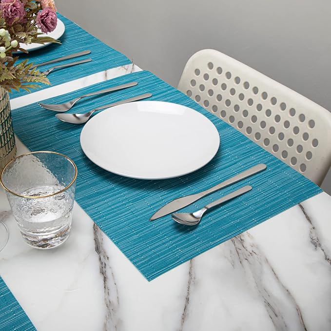 Winknowl Placemats Set of 6, Heat Resistant Stain Resistant Woven Vinyl Insulation Place mats, Durable Washable Elegant Table Mats for Kitchen Dining Table Decor (Teal Blue)
