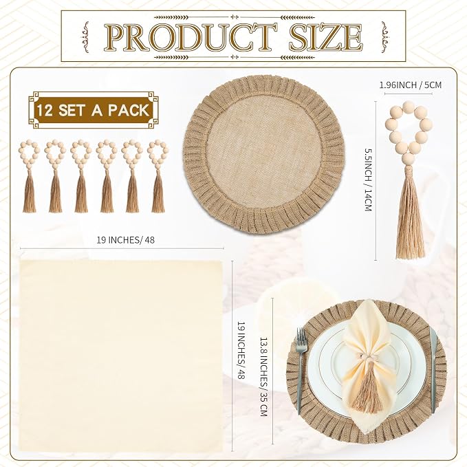Gejoy Round Burlap Placemats Wood Bead Napkin Rings - Image 2
