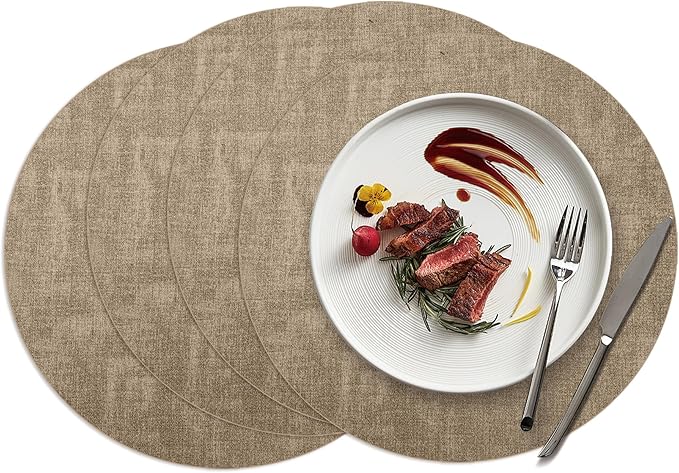 15 inch Faux Leather Round Placemats Set of 4 Non-Slip Washable Wipeable Table Mats, Heat Resistant Waterproof Oilproof Light Coffee Place Mats for Kitchen, Dining, Party, Indoor, Outdoor