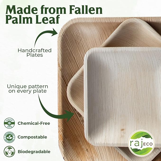 Raj Palm Leaf Plates [200-Pack] Large Square Plates like Bamboo plates Disposable, Strong, Decorative Compostable Tableware for wedding, Lunch, Dinner, Birthday, Camping, Outdoor BBQ, Picnic