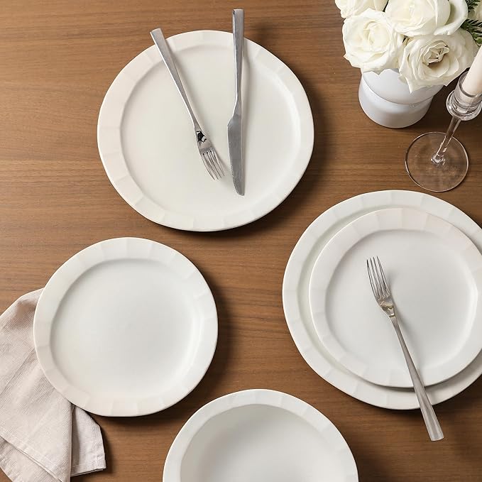 Stone Lain Oasis Stoneware 24 Piece Dinnerware Set, Home Kitchen Dish Set with Dinner Plates, Salad Plates & Bowls - Service for 8, White