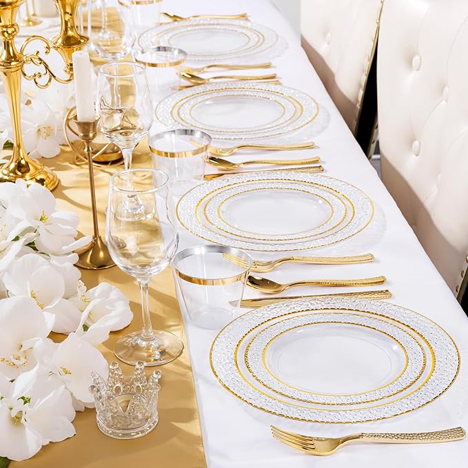 Nervure 150Pcs Clear Plastic Plates with Gold Hammered Silverware include 25Dinner Plate, 25Dessert Plate, 25Knives, 25Forks, 25Spoons and 25Cups for Wedding & Parties & Thanksgiving