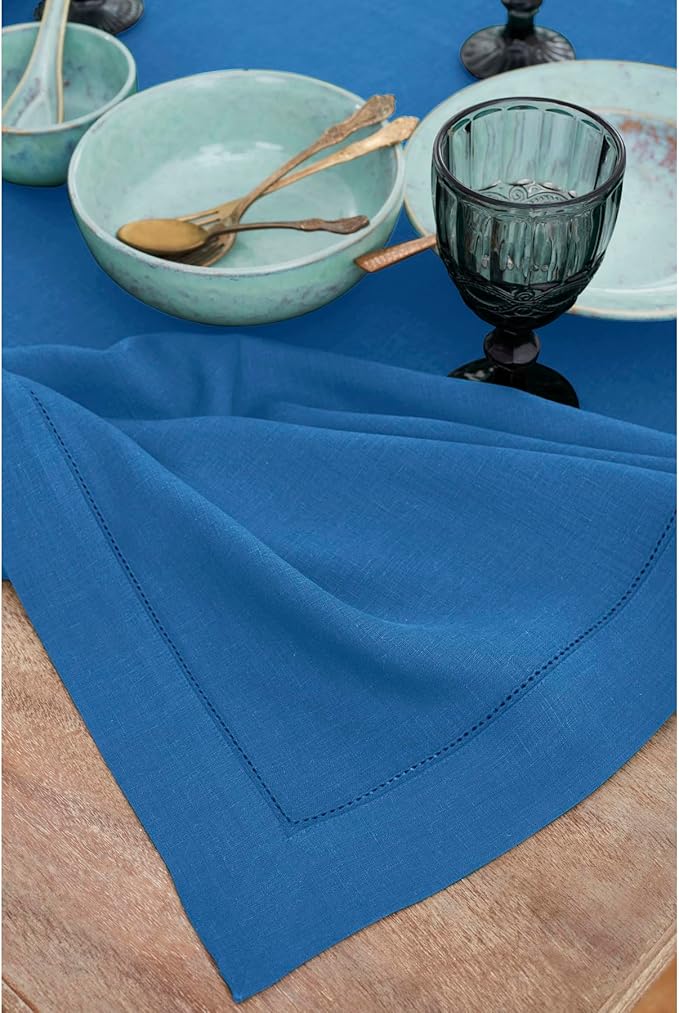 Solino Home Linen Indigo Blue Tablecloth 60 x 132 Inch - Classic Hemstitch, 100% Pure Linen Rectangular Tablecloth - Machine Washable Table Cloth for Winter, Spring, Easter