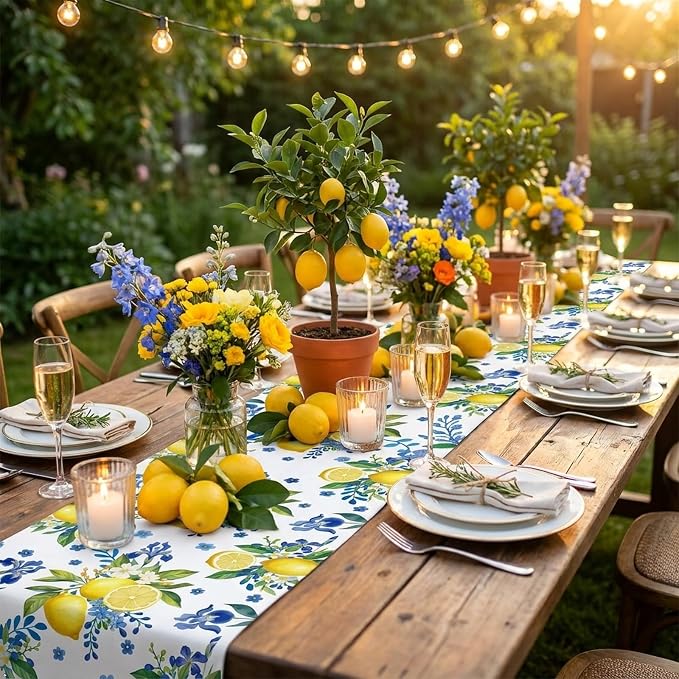 Lemon and Blue Floral Table Runner, 36 x 13 inches | Linen Texture Fabric - Image 4