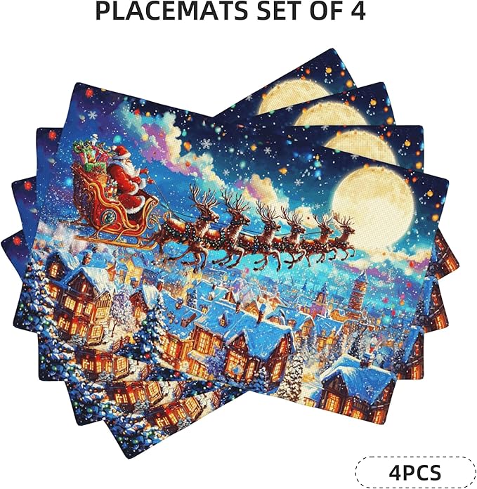Santa Snowy Sleighride Placemats Set of 4 Washable Table Place Mats for Dining Kitchen Party Decor