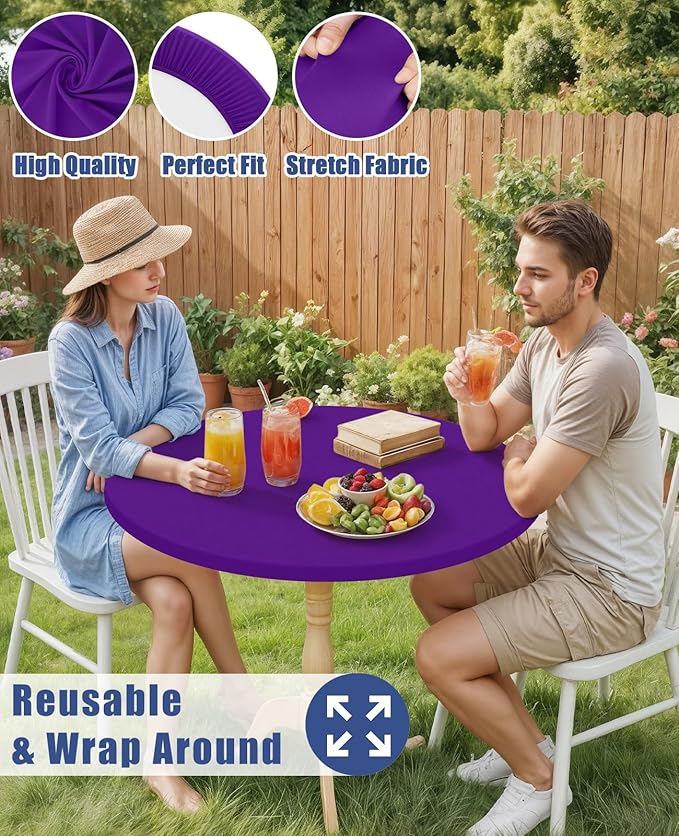Round Spandex Tablecloth, Elastic Fitted Waterproof Tablecloths for 57"-68" Tables, Stretch Washable Picnic Table Cover for Camping, Dining, Indoor and Outdoor, Purple