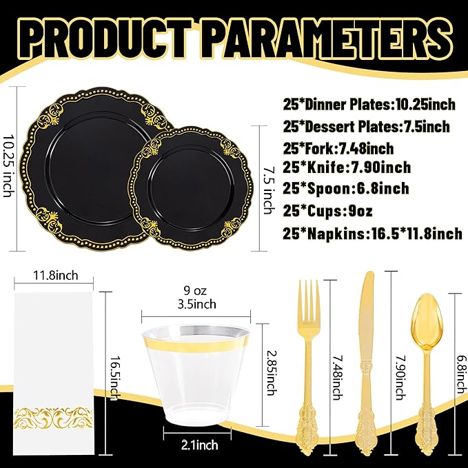 Ciaell 175 PCS Black and Gold Plastic Plates - Black Disposable Dinnerware Set with 50 Plates, 25 Knives, 25 Forks, 25 Spoons, 25 Cups, 25 Napkins for Parties and Weddings