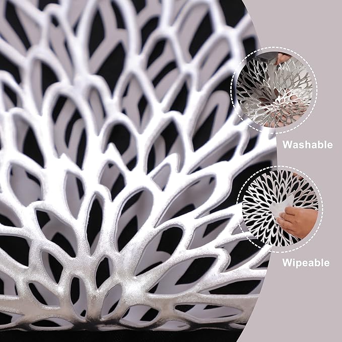 Snowkingdom 6 Pack Silver Placemats Metallic Glitter Pressed Vinyl Dinning Table Mats Decorative Round Leaf Charger for Winter Holiday Thanksgiving Christmas