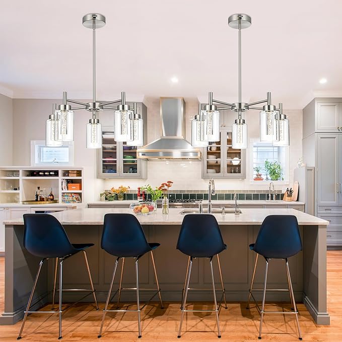 VINLUZ LED 5 Light Modern Chandeliers for Dining Room,Brushed Nickel Finish Hanging Lighting Fixture with Crystal Bubble Clear Glass Shade Kitchen Island for Hanging