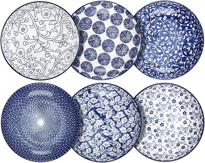 Selamica Porcelain Salad Pasta Bowls, Serving bowls, Microwave & Dishwasher Safe, Sturdy & Stackable - 26 Ounce, Set of 6, Vintage Blue
