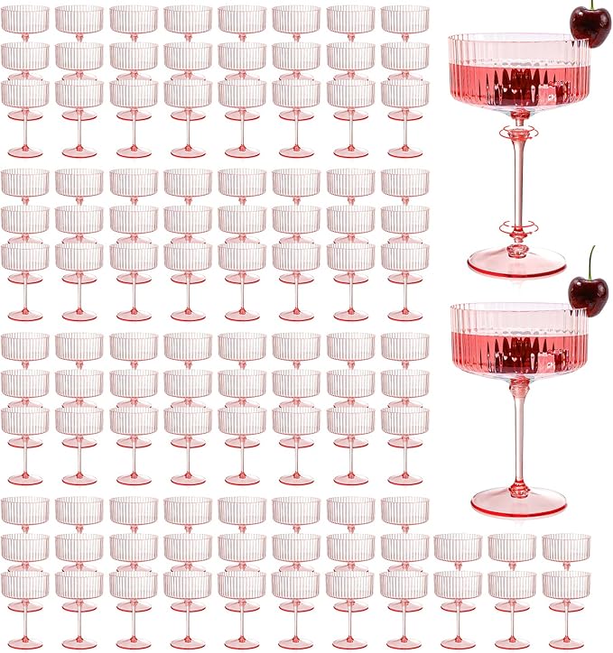 XUWAIDSGN 100 Pcs Champagne Martini Glasses 9 Oz with Gilded Removable Gold Rim Coupe Glasses Pink Martini Glasses Plastic Mimosa Vintage Coupe Glasses Set For Wedding Anniversary (100, Ribbed Pink)