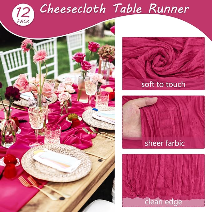Fivenl Boho Gauze Table Runner - 35x72 Inch, Rustic Cheese Cloth, Hot Pink