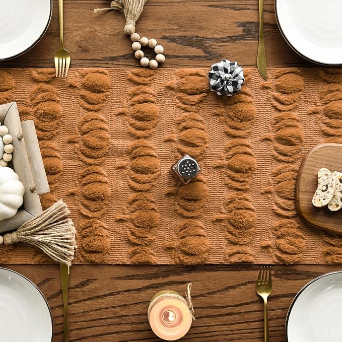 Artoid Mode Caramel Soft Faux Fur Pumpkins Fall Table Runner 13x120 Inch | - Image 2