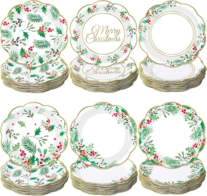 Gerrii 60 Pcs Christmas Party Plates 7 Inch Holly Berries Disposable Paper by Gerrii