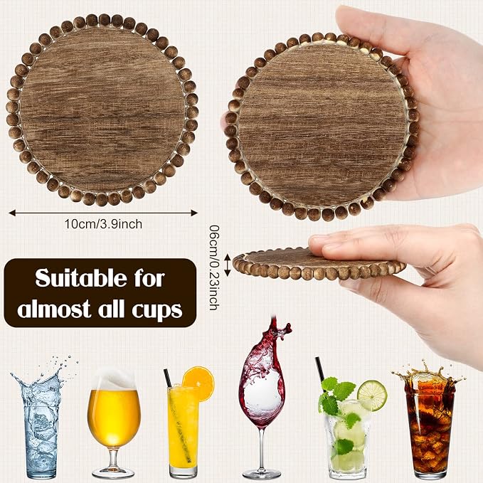 Honeydak 4 Pieces Wood Beaded Coasters 3.9 Inch Round Rustic Farmhouse Wooden - Image 2