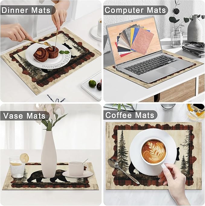 Bear Placemats Set of 6, Farmhouse Cabin Place Mats, Country Rustic Wild Animal Waterproof Washable Table Mats for Home Party Indoor Kitchen Dining Table Decoration 12x18 Inch
