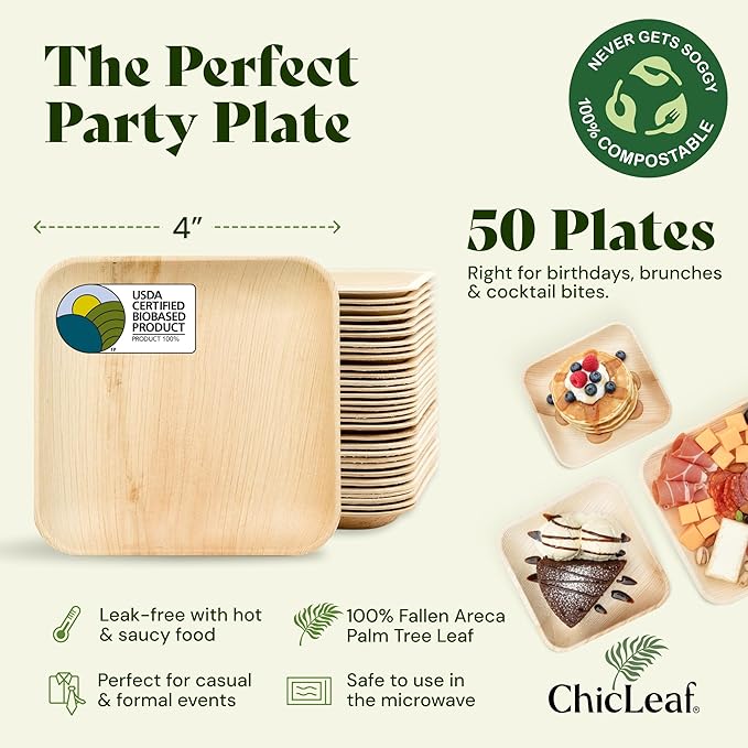 Chic Leaf Compostable & Biodegradable Palm Leaf Disposable Bamboo Plates - Disposable Party Plates for Appetizers, Romantic Valentine's Dinner, Romantic Meal, Party Supplies (4'' - 50 Pack)