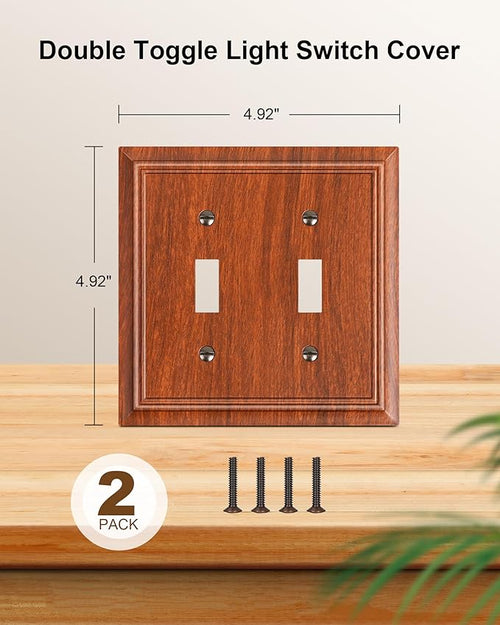 2-Pack Double Toggle Light Switch Cover Plate, Durable Natural Bamboo Fiber Decorative Switch Plate Covers, Wood Grain 2 Gang Wall Plate, Corrosion Resistant