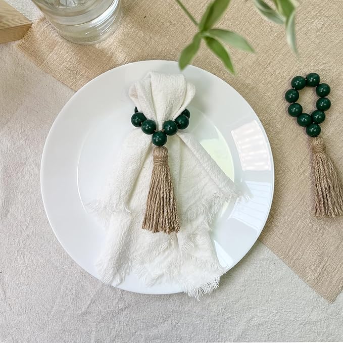 Christmas Napkin Rings Set of 12,Wooden Napkin Rings,Wood Bead Elastic Farmhouse Napkin Ring with Tassel,Boho Napkin Holder for Table Decor,Wedding,Dinner,Party (Dark Green)