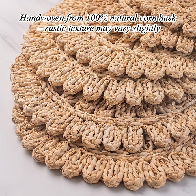13.8" Set of 4 Round Corn Husk Placemats | Boho Woven Rattan Table Mats | Farmhouse Wicker Spring Plate Chargers Like Water Hyacinth, Seagrass for Wedding, Party, Christmas, Events