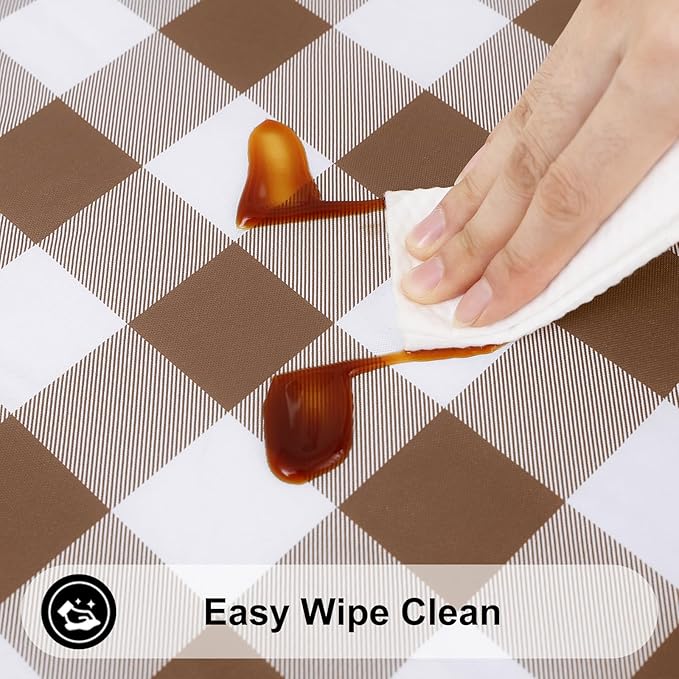 Smiry Rectangle Picnic Table Cloth, Elastic Waterproof Fitted Vinyl Tablecloths, Flannel Backed Buffalo Plaid Table Covers for Dining, Camping, Outdoor (White and Brown, 30" x 48")