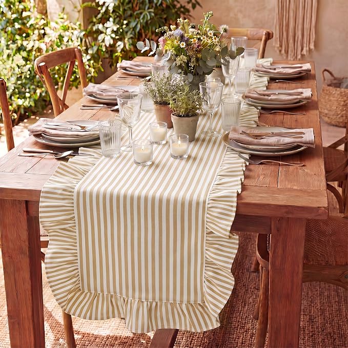 HunnmingRe Ruffle Trim Boho Table Runner Farmhouse Rustic Stripes Scalloped - Image 5