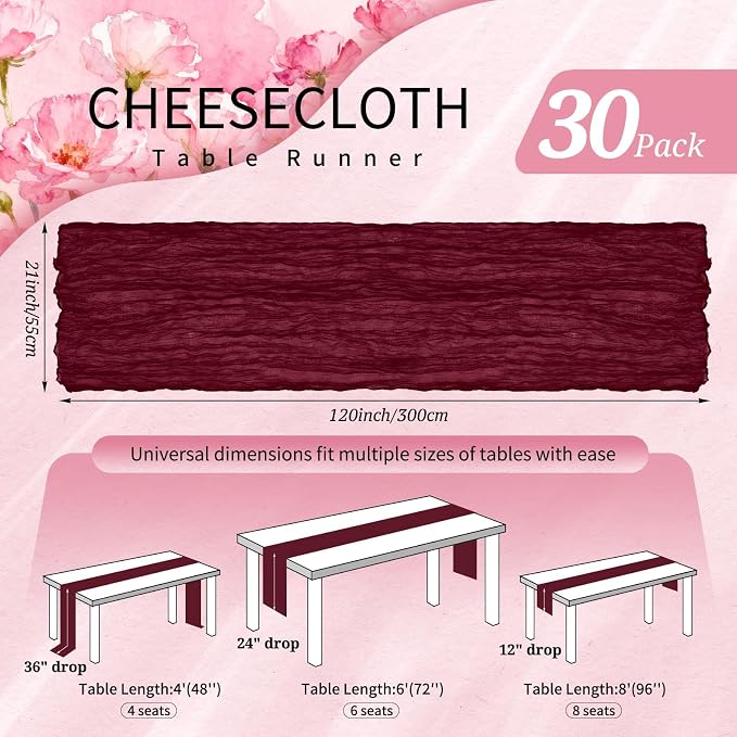 30 Pack Cheesecloth Table Runner 10FT Burgundy Red Table Runner Boho Gauze - Image 2