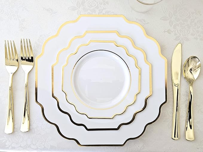 " OCCASIONS " 50 Plates Pack (25 Guests)-Heavyweight Wedding Party Disposable Plastic Plate Set -(25x10.5'' Dinner + 25x8'' Salad/Dessert) (Imperial White & Gold)