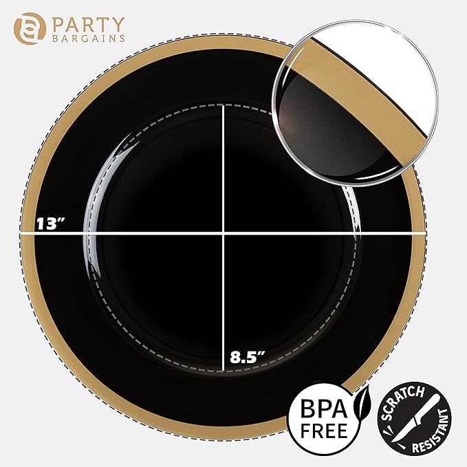 PARTY BARGAINS 13-Inch Charger Plates - 96 Pack, Black Gold Rim, Heavy-Duty Disposable Chargers for Elegant Dining - Ideal for Weddings and Formal Events