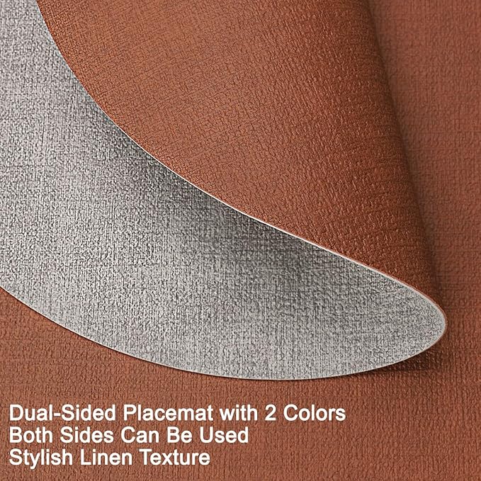 Myir JUN Reversible Vinyl Round Placemats Set of 4, Faux Leather Place Mats Dual Sided Waterproof Wipeable, Heat-Resistant Table Mats for Kitchen Dining Indoor Outdoor (14", Light Gray Reddish Brown)
