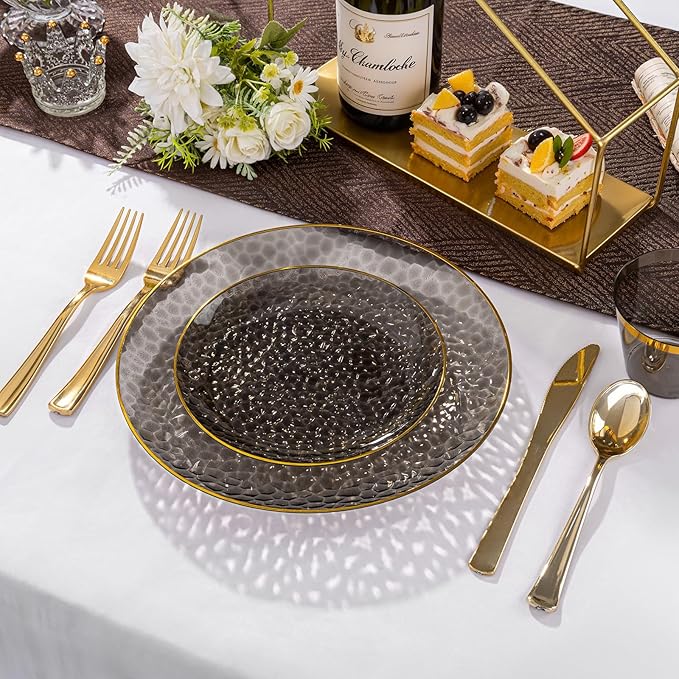DaYammi 60 Pieces Black Gold Plastic Plates - 10 inch Clear Dinner Plates - Hammer Pattern Design - Fancy Clear Black and Gold Disposable Plates for Party and Wedding