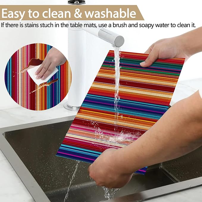 Mexican Placemats Set of 6, Waterproof Linen Fabric, Non-Slip Backing & Easy Clean, Elegant Dining Table Protectors for Family and Guests(Mexican Ethnic Colorful Stripes)