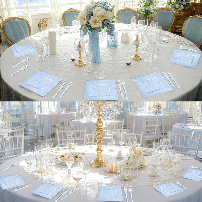 DaYammi 100Pcs Blue Glitter Dessert Plates Including 50Pcs Appetizer Plates 6" and 50Pcs Plastic Forks 5.7",Blue Plastic Square Plate for Party,plastic Salad Plate and Cake Forks for Wedding Birthday