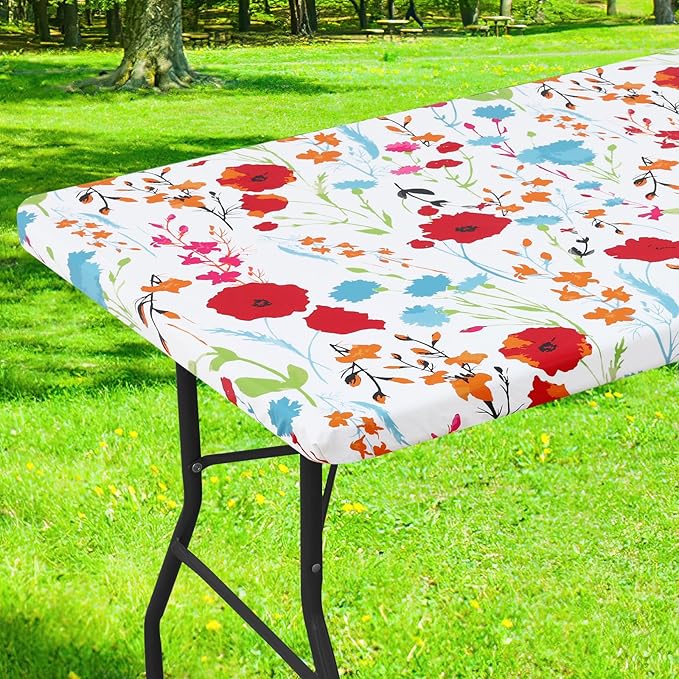 Smiry Rectangle Table Cloth Cover, Waterproof Elastic Fitted Picnic Tablecloth for 4 Foot Tables, Wipeable Flannel Backed Vinyl Tablecloths for Camping, Dining, Outdoor (Off White, 24" x 48")