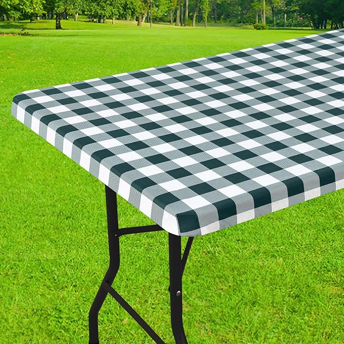 Smiry Rectangle Picnic Table Cloth, Elastic Waterproof Fitted Vinyl Tablecloths, Flannel Backed Buffalo Plaid Table Covers for Dining, Camping, Outdoor (Hunter Green and White, 30" x 72")