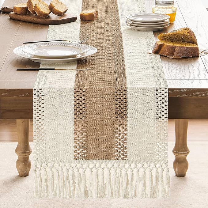 Macrame Style Bicolor Stitching Table Runner 14x108in Brown | Woven Boho Table - Image 2