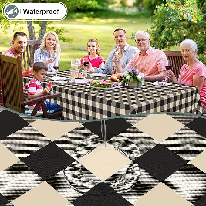 misaya Rectangle Waterproof Vinyl Table Cloth, Buffalo Flannel Backed Tablecloth, Wipeable Plastic Table Cover for Dinner, Kitchen, Outdoor (60" x 120", Black and Beige)