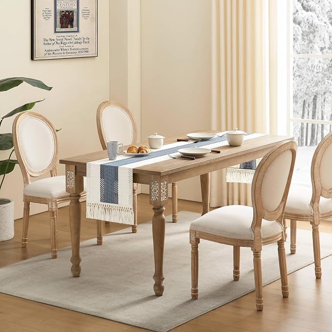 Macrame Style Bicolor Stitching Table Runner 14x108in Navy | Woven Boho Table - Image 3