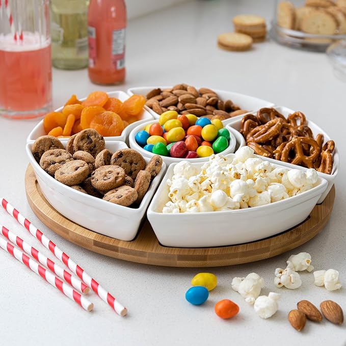 Ceramic Taco Serving Platter - Divided Serving Tray for Taco Tuesday Lazy Susan Taco Bar - Chip and Dip Serving Set for Party - Appetizer Serving Tray for Salsa, Snacks (10 in)