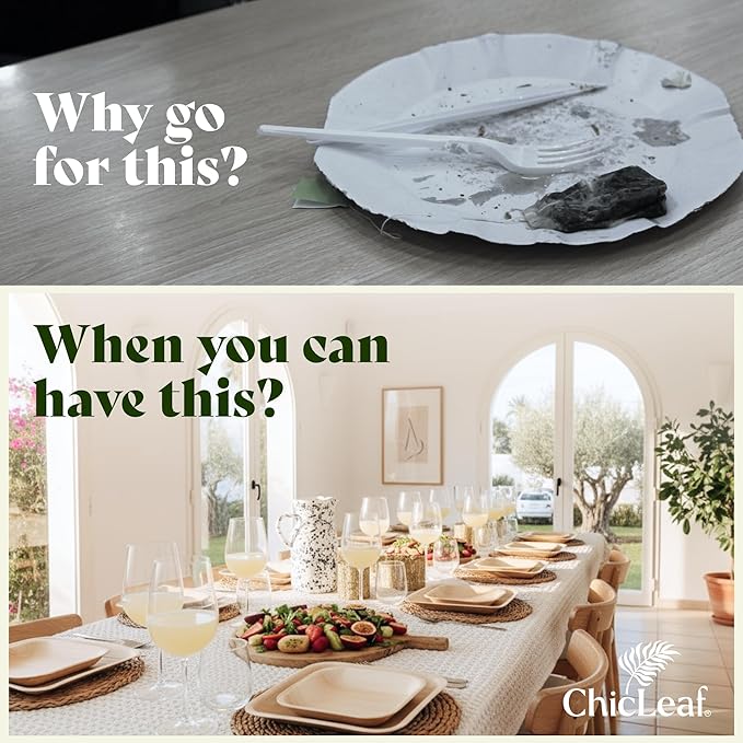 Chic Leaf Palm Leaf Disposable Bamboo Plates - Square Party Plates for Weddings, Parties, Event Appetizers - Biodegradable & Compostable - Romantic Dinner for 2 Party Supplies (10", 100 Pack)