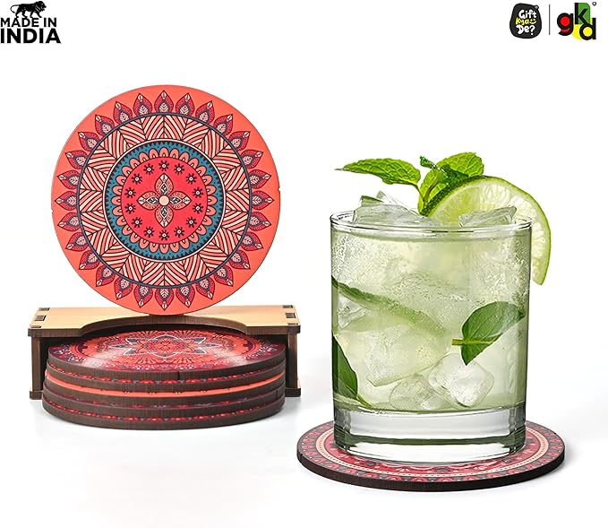 Coaster Set of 6 Fine Mandala Art Wooden Coasters with Proper Coaster Stand Set Fit for Tea Cups, Coffee Mugs and Glasses (3.5 X 3.5 Inch, Fine Mandala Design) Rangoli