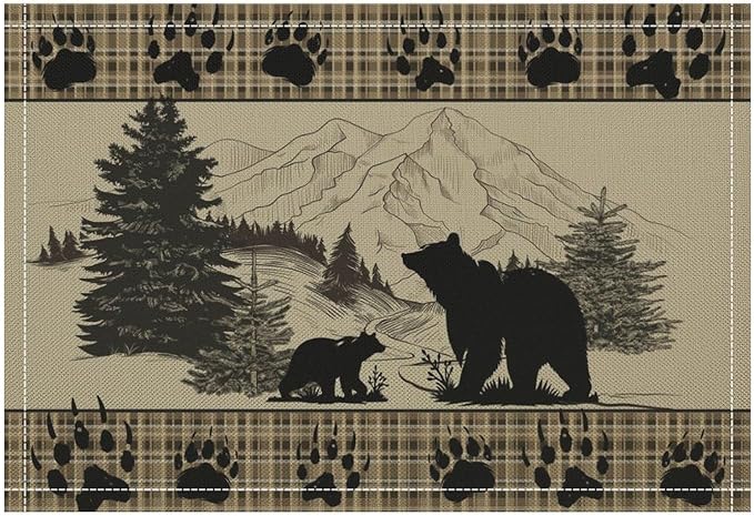 Retro Farmhouse Placemat Set, Rustic Brown Tartan Check Wildlife Bear Paw Silhouette Sketch Pine Tree Forest Pattern Home Decoration Linen Table Mats for Dining Room Kitchen Party (17x12in) x4P