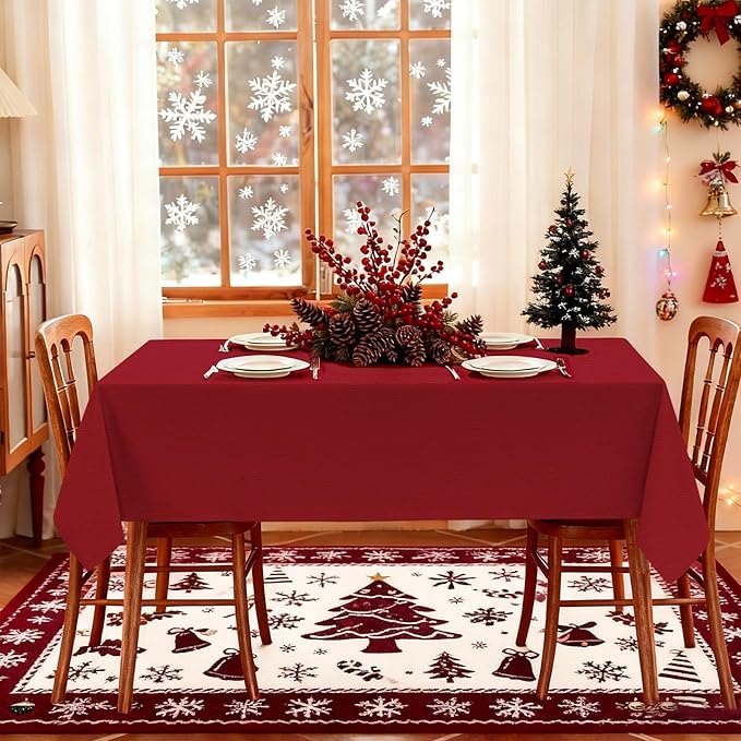 Winter Red Textured Fabric Tablecloth Rectangle Faux Linen Stain Resistant Table Cloth for 6 Foot Rectangular Table, Reusable for Dinig Party Holiday Decoration 60 x 84 Inch