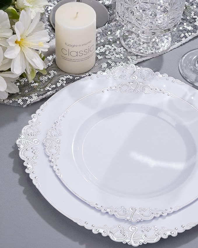 Nervure 100PCS White and Silver Plastic Plates - 10.25Inch Silver Disposable Plates - Heavyweight Dinner Plates for Wedding & Party