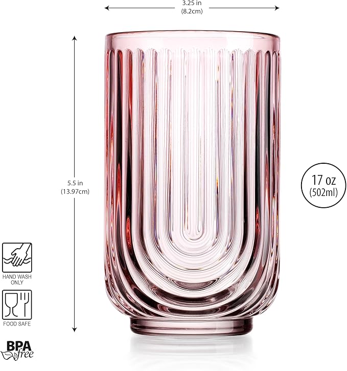 Glaver's Vintage Glassware Art Deco Glasse Ribbed Drinking Glasses U-Shape Arch Design Colored Cocktail Kitchen Tumblers Everyday Dinner Decorative Party (Pink S/4 17oz)