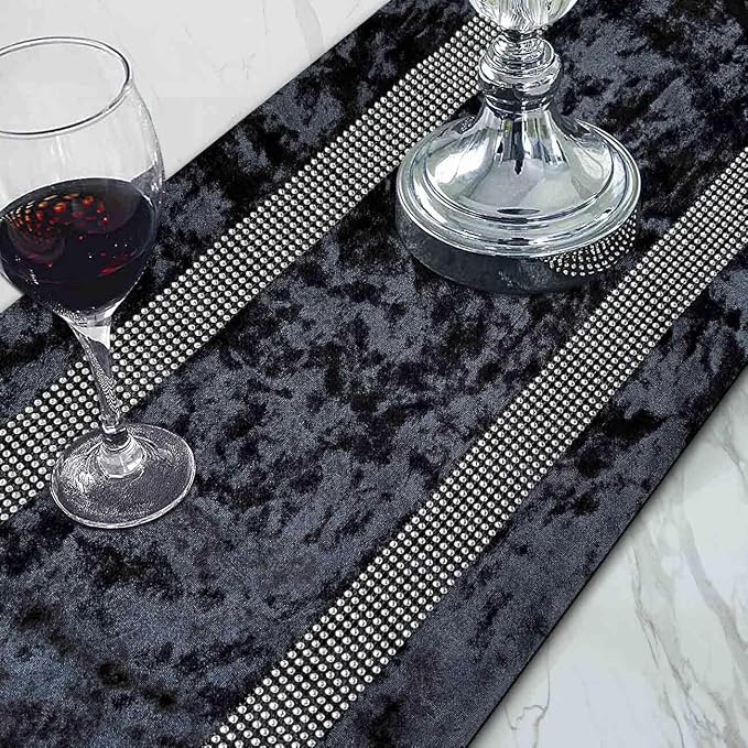 Elegant Sequin Rhinestone Black Table Runner, Ombre Velvet, Modern Style - Image 2