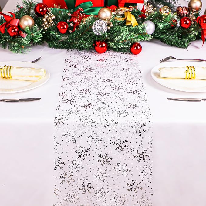 Snowkingdom Christmas Snowflake Silver Table Runner 11 Inch x 100 Feet Sparkly - Image 2