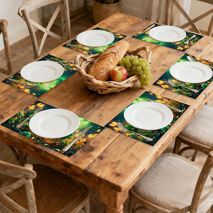 St Patrick's Day Green Grass Placemats Set of 6, Linen Washable for Christmas, Thanksgiving, Party, and Daily Dining, Decorative Table Mats for 4-6 Person Table