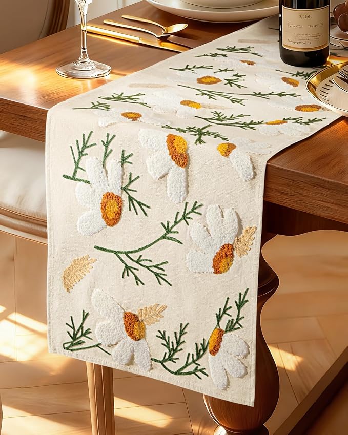 Canvas Embroidered Narrow 13"x 60" Table Runner, Rustic texture, Machine by Kokaaee